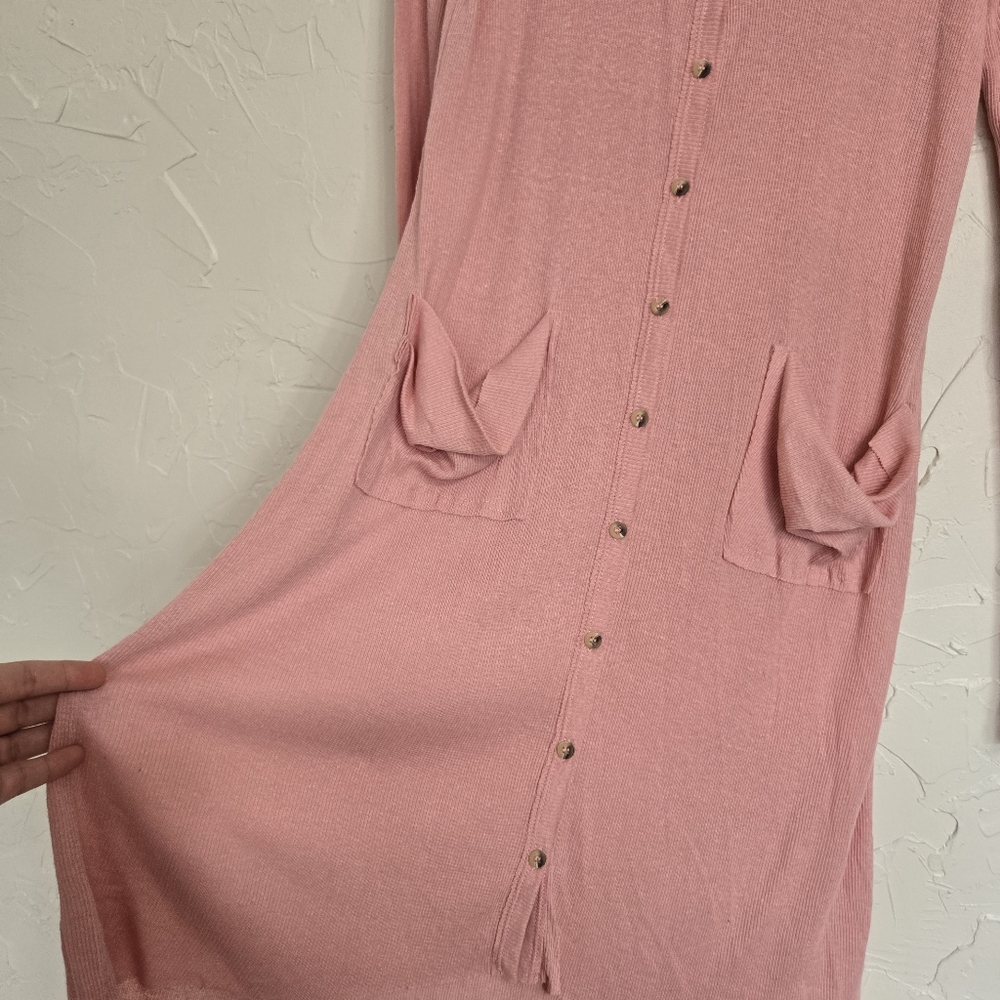 Free People Ribbed Lightweight Button Up Pink Dusted Sweater, L - Picture 4 of 11